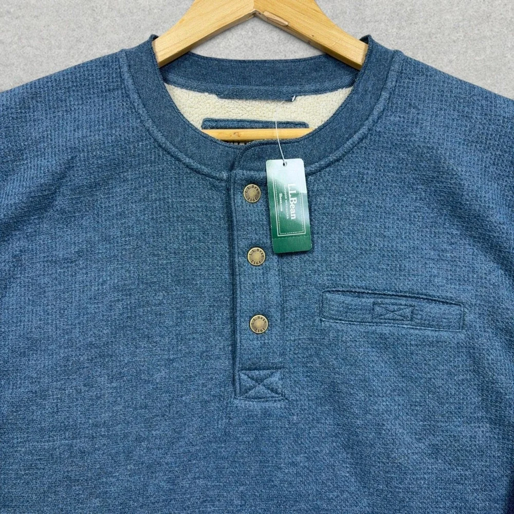 LL Bean Waffle Fleece Henley Mens XL Tall Rangeley Blue Sherpa Lined Sweater NWT